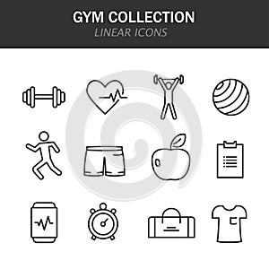 GYM collection linear icons in black on a white background