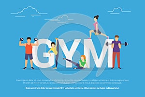Gym concept vector illustration of young people doing workout with equipment