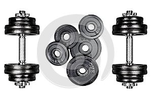 Gym dumbbells with black metal weights 1kg and 2kg, isolated on white background with clipping path. Top view, flat lay. Can be us photo