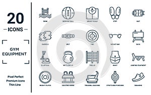 gym.equipment linear icon set. includes thin line swim, barrels, elliptical, weight plates, sneakers, tire, jumping equipment