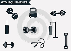 Gym equipment vector icon set on white background. Set of 9 vector icons.