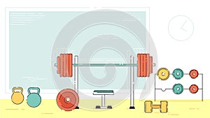 Gym exercise equipment room interior indoor set. Linear stroke outline flat style vector icons. Monochrome cycle bike
