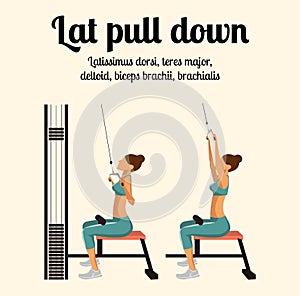 Gym Exercise: Lat Pull Down. Vector Illustration