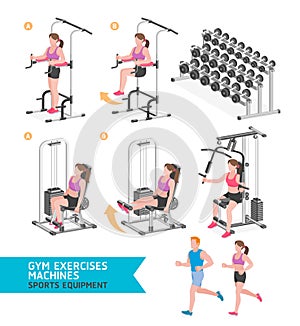 Gym exercises machines sports equipment.