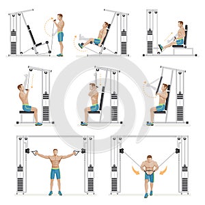 Gym exercises machines sports equipment. photo