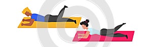 Gym exercises. People lie and wave legs. Man and woman doing sport actions on gymnastic mat. Pilates yoga training