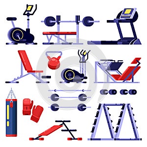 Gym and fitness club equipment set. Training apparatus, vector isolated illustration. Bodybuilding machines icons