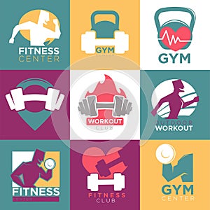 Gym and fitness club or workout sport center logo templates set.