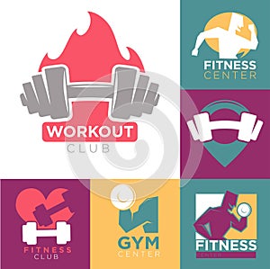 Gym and fitness club or workout sport center logo templates set.