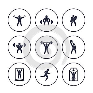 Gym, fitness exercises icons in circles over white