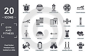 gym.and.fitness icon set. include creative elements as big stopwatch, pushups exercises, fitness wheel, dumbbells bar, fitness