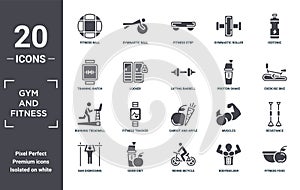 gym.and.fitness icon set. include creative elements as fitness ball, isotonic, protein shake, carrot and apple, good diet, running