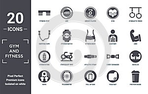 gym.and.fitness icon set. include creative elements as fitness step, gymnastic rings, anatomy, athletic strap, pulsometer, photo