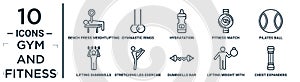 gym.and.fitness linear icon set. includes thin line bench press weightlifting, hydratation, pilates ball, stretching leg exercise photo