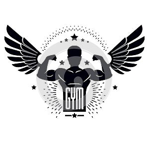 Gym and fitness logo template, retro stylized vector emblem or badge with wings.