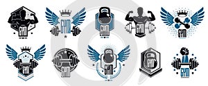 Gym fitness sport emblems and logos vector set isolated with barbells dumbbells kettlebells and muscle body man silhouettes and