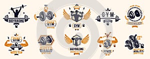 Gym fitness sport emblems and logos vector set isolated with barbells dumbbells kettlebells and muscle body man silhouettes and