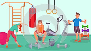 Gym with fitness, sport equipment for training and people vector illustration.