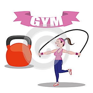 Gym fitness woman jump rope barbell