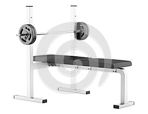 Gym flat weight bench with barbell isolated on white