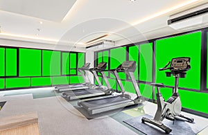 gym with green sceen windows