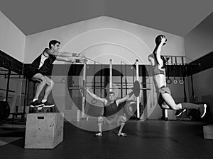 Gym group workout barbells slam balls and jump