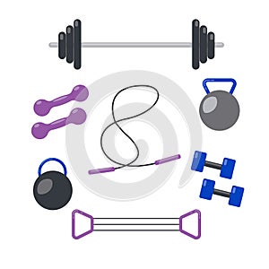 Gym healthcare workou set accessories and sport flat style design vector illustration icon . Isolated on a white