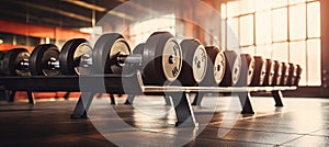 Gym interior background of dumbbells on rack in fitness and workout room