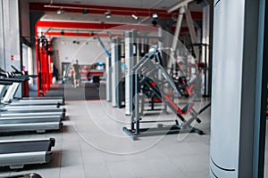 Gym interior, nobody, sport equipment