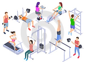 Gym isometric. Fitness people training, physical workout exercise. Young human coach, sports equipment 3d vector