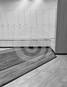 Gym locker room for personal belongings in black and white theme