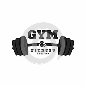 Gym logo. Fitness center logo design template. Black barbell isolated on white background