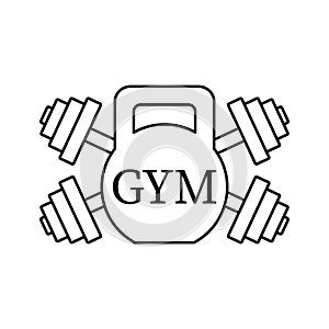 Gym logo. Kettlebell and two crossed barbells. Isolated outline vector illustration