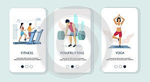 Gym mobile app onboarding screens vector template