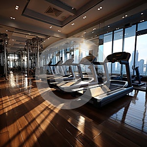 Gym with modern running and strength training equipment. Beautiful interior for sports and fitness