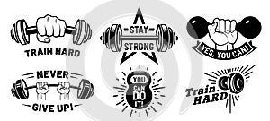 Gym motivation quotes. Fitness inspirational, strong bodybuilding and dumbbell in hand vector illustration set