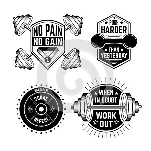 Gym motivational prints set with grunge effect, barbell and bla