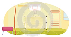 Gym for physical education lessons at school background. Room for PE with sports equipment vector illustration. Interior