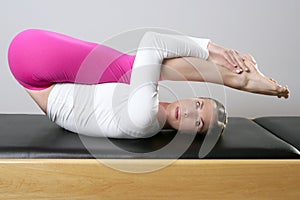Gym pilates woman reformer yoga leg sport photo