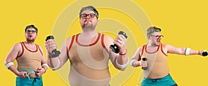 gym promotion poster. an overweight man doing sports on a yellow background. Funny fat man