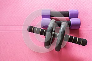 Gym roller with dumbbell on pink yoga mat for exercise