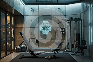 A gym room filled with a weight machine and various exercise equipment for strength training and workouts, A stylish, futuristic