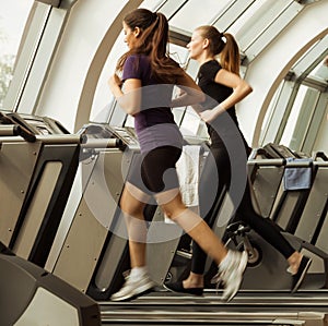 Gym shot - young women running on machines, treadmill
