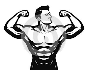 Gym, sport, bodybuilding logo or label. Strong man with big muscles. Vector illustration