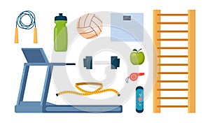 Gym sport fitness exercise workout equipment set icons. Treadmill, dumbbells, fitness bracelet, ball, sneakers, jump rope, bottle