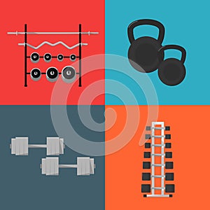 Gym sports equipment icons set.