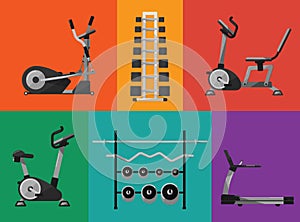 Gym sports equipment icons set.