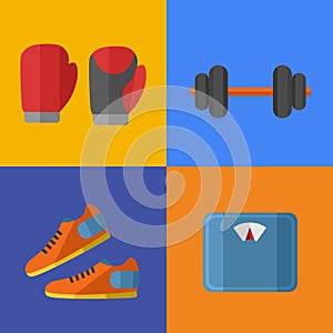 Gym sports equipment icons set.