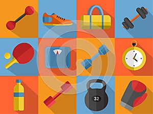 Gym sports equipment icons set.