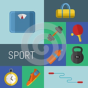 Gym sports equipment icons set.